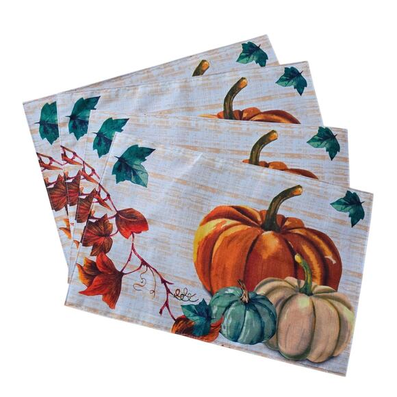 Set Of 4 Fall Placemats 12” x 18” Autumn Pumpkins Polyester Fabric Washable - Picture 1 of 5